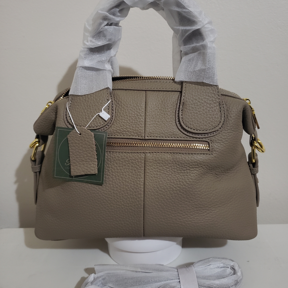 Taupe Pebbled Leather Satchel with Gold Hardware